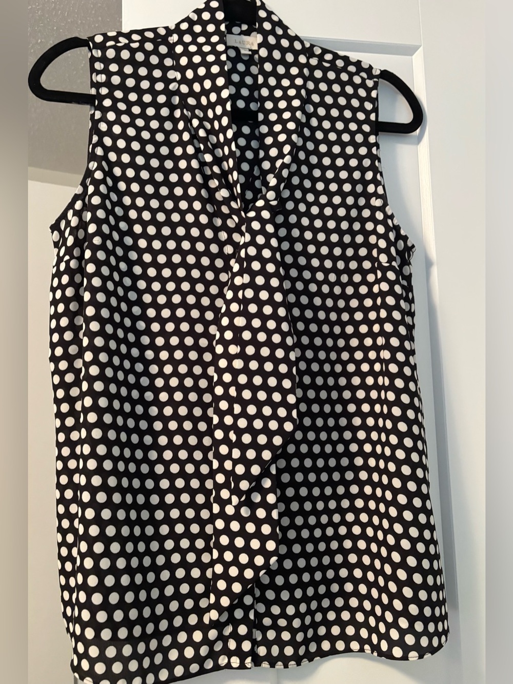 Laura Sleeveless Black & White Polka Dot Tie-Neck Top